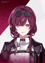 1girl black_jacket commentary_request eyewear_on_head grin highres honkai:_star_rail honkai_(series) jacket kafka_(honkai:_star_rail) kukatsuma long_hair looking_at_viewer open_clothes open_jacket parted_lips purple_eyes purple_hair round_eyewear shirt smile solo sunglasses upper_body white_shirt
