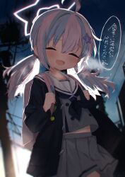 1girl absurdres ahoge backpack bag black_jacket black_neckerchief blue_archive blue_hair closed_eyes commentary cowboy_shot delfino facing_viewer grey_serafuku grey_shirt grey_skirt hair_ornament halo happy_tears highres holding_strap jacket long_hair long_sleeves miniskirt multicolored_hair neckerchief open_mouth pink_bag pink_hair pink_halo pleated_skirt reisa_(blue_archive) sailor_collar sailor_shirt school_uniform serafuku shirt skirt smile solo star_(symbol) star_hair_ornament star_halo tears translation_request twintails two-tone_hair white_sailor_collar