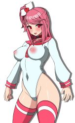 1girl blush breasts choker covered_erect_nipples covered_navel frozen_gingasan gunslinger_stratos hair_ornament heart highleg highleg_leotard highres impossible_clothes impossible_leotard katagiri_kyouka large_breasts leotard long_hair looking_at_viewer nipples one_side_up open_mouth pink_hair pink_thighhighs red_eyes sailor_collar school_uniform see-through_clothes side_ponytail simple_background smile solo thighhighs transparent_background white_background white_leotard