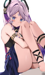 1girl :t absurdres armlet black_leotard blue_nails blue_skirt citlali_(genshin_impact) esumisu facial_mark genshin_impact hair_intakes highres hugging_own_legs jewelry leotard long_hair miniskirt nail_polish parted_bangs pink_hair simple_background sitting skirt solo very_long_hair white_background