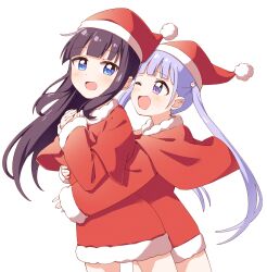 Rule 34 | 2girls, :d, ;d, blue eyes, blush, brown hair, christmas, commentary request, commission, cowboy shot, dot nose, dress, fur-trimmed dress, fur-trimmed sleeves, fur trim, haru (konomi 150), hat, highres, hug, hug from behind, long hair, long sleeves, multiple girls, new game!, one eye closed, open mouth, own hands together, pixiv commission, purple eyes, purple hair, red dress, red hat, santa costume, santa dress, santa hat, simple background, smile, suzukaze aoba, takimoto hifumi, twintails, white background