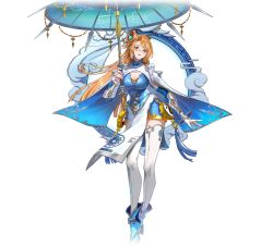 1girl blonde_hair blue_dress boots breasts cape chinese_clothes cleavage cleavage_cutout clothing_cutout dress full_body hair_ornament high_heels holding holding_umbrella large_breasts long_hair looking_at_viewer official_art oil-paper_umbrella orange_hair qingni_(starward) smile solo standing starward thighhighs transparent_background umbrella white_thighhighs