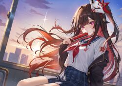 1girl alternate_costume alternate_hairstyle black_choker black_hair black_jacket blue_skirt choker commentary dutch_angle folded_fan folding_fan fox_mask gradient_sky hand_fan highres holding holding_fan honkai:_star_rail honkai_(series) jacket koya_(koyacocoa) long_hair long_sleeves looking_at_viewer mask mask_on_head neckerchief open_clothes open_jacket outdoors pink_eyes plaid_clothes plaid_skirt pleated_skirt red_neckerchief school_uniform serafuku shirt sitting skirt sky solo sparkle_(honkai:_star_rail) sunset two_side_up white_shirt