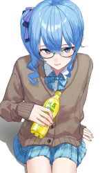 1girl :d absurdres alternate_costume asymmetrical_sidelocks blue_bow blue_bowtie blue_eyes blue_hair blue_ribbon blue_skirt bottle bow bowtie brown_cardigan cardigan collared_shirt commentary_request double-parted_bangs glasses hair_between_eyes hair_ribbon highres holding holding_bottle hololive hoshimachi_suisei looking_at_viewer medium_hair miniskirt open_mouth pleated_skirt ribbon round_eyewear school_uniform shirt side_ponytail simple_background sitting skirt smile solo star_(symbol) star_in_eye symbol_in_eye tagosaku_(tatsukiuma0329) virtual_youtuber white_background white_shirt