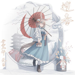 1girl amane_utata animal_ears bag bamboo blue_bow blue_bowtie blue_hair blue_skirt boots bow bowtie breasts bridge brown_boots brown_hair building check_copyright checkered_clothes checkered_jacket chinese_zodiac clenched_teeth commentary_request copyright_request dot_nose flower frilled_skirt frills full_body glass hair_flower hair_ornament high-waist_skirt highres holding holding_bag holding_umbrella horse_ears horse_girl horse_tail jacket lace-up_boots light_blush long_skirt looking_at_viewer multicolored_hair new_year oil-paper_umbrella open_clothes open_jacket original plant potted_plant red_flower red_rose red_umbrella rose shirt short_hair skirt small_breasts snake solo streaked_hair tail teeth translation_request two-tone_umbrella umbrella white_background white_bag white_flower white_jacket white_rose white_shirt white_snake white_umbrella year_of_the_snake