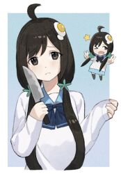 Rule 34 | &gt; o, 1girl, ahoge, araragi tsukihi, black eyes, black hair, black thighhighs, blue bow, blue bowtie, blue collar, blue skirt, bow, bowtie, chibi, closed mouth, collar, egg hair ornament, food-themed hair ornament, frown, hair ornament, hands up, holding, holding knife, kitchen knife, knife, long hair, long sleeves, looking at viewer, looking to the side, low twintails, monogatari (series), nek0n0 o, one eye closed, shirt, simple background, skirt, sleeves past wrists, solo, straight hair, thighhighs, twintails, v, white background, white shirt