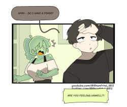 1boy 1girl bare_shoulders black_eyes black_hair black_shirt bra_strap breasts collarbone colored_skin colored_speech_bubble colored_tongue comic crop_top english_text gomulgong green_skin liquid_hair long_sleeves monster_girl o_o open_mouth original ponytail segmented_comic shirt slime_(creature) slime_(substance) slime_girl slime_girl_(gomulgong) smile speech_bubble tank_top yellow_tongue