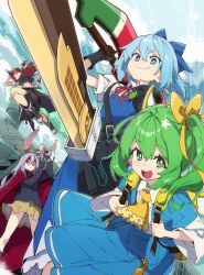 4girls advent_cirno animal_ears aqua_hair ascot backpack bag black_boots black_gloves black_jacket black_shorts blazer blue_bow blue_dress blue_eyes blue_skirt blue_vest boots bow breasts brown_skirt cirno cloak closed_mouth collared_shirt daiyousei dress fingerless_gloves gloves green_eyes green_hair gun hair_bow headband highres holding holding_gun holding_sword holding_weapon hong_meiling jacket large_breasts locomotive long_hair looking_at_viewer multiple_girls neck_ribbon pleated_skirt puffy_short_sleeves puffy_sleeves purple_hair rabbit_ears red_cloak red_hair red_headband red_ribbon reisen_udongein_inaba ribbon shirt short_sleeves shorts skirt smile steam_locomotive sword touhou ushiki_yoshitaka v-shaped_eyebrows vest weapon white_shirt yellow_ascot yellow_bow