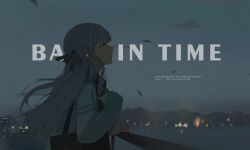 Rule 34 | 1girl, absurdres, bag, bang dream!, bang dream! it&#039;s mygo!!!!!, blue hair, city, cityscape, earphones, english text, gradient background, grey sky, hair ribbon, half-closed eyes, hannaz, highres, holding, holding bag, long hair, ribbon, scarf, scenery, shoulder bag, sky, striped ribbon, togawa sakiko, twilight, water, yellow eyes