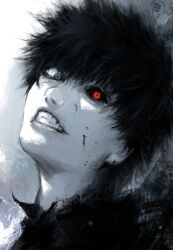 1boy black_background black_hair black_sclera black_shirt clenched_teeth colored_sclera eyeshadow gradient_background grey_eyes heterochromia highres kaneki_ken looking_at_viewer makeup original red_eyes shaded_face shadow shirt short_hair solo teeth tokyo_ghoul white_background xa8uofivf2mcart