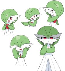 1girl =_= averting_eyes blush closed_mouth colored_skin constricted_pupils cowboy_shot crossed_arms female_focus flat_chest flying_sweatdrops gardevoir gen_3_pokemon green_hair green_skin hair_between_eyes hair_over_one_eye half-closed_eyes hand_up hands_on_own_cheeks hands_on_own_face hands_up happy index_finger_raised index_fingers_together light_blush looking_at_viewer looking_to_the_side multicolored_skin multiple_views nervous nintendo one_eye_covered own_hands_together pokemon pokemon_(creature) red_eyes shaded_face short_hair simple_background smile standing straight-on tagyeokgam two-tone_skin upper_body white_background white_skin