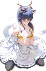 1girl absurdres animal_ears apron arknights bikini black_thighhighs blush breasts cat_ears ch&#039;en_(arknights) commentary dragon_girl dragon_tail eastern_dragon_horns english_commentary gold_bikini highres maid maid_apron maid_headdress medium_breasts rasipan red_eyes simple_background sitting solo stomach swimsuit tail thighhighs wariza wavy_mouth white_apron white_background