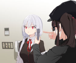 Rule 34 | 2girls, black cardigan, black hair, black hat, black skirt, black sweater, breasts, cardigan, coat, corded phone, empty eyes, grey hair, hair ornament, hairclip, hakase fuyuki, hakase fuyuki (1st costume), hat, highres, jacket, lab coat, light switch, long hair, looking afar, looking at another, low twintails, mask, meme, men in black, mouth mask, multiple girls, neck ribbon, neuralyzer, nijisanji, off shoulder, open clothes, open coat, open mouth, phone, pointing, pointing at object, pointing to the side, red eyes, red ribbon, ribbon, skirt, standing, sunglasses, sweater, twintails, upper body, vane (vane0), virtual youtuber, white jacket, yorumi rena