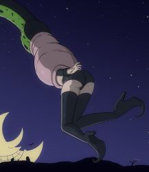 1girl ass blair_(soul_eater) cell_(dragon_ball) crazy_smile crossover dragonball_z grin highres legs lower_body moon night night_sky shorts sky smile soul_eater star_(sky) struggling tail tail_vore thighhighs thighs tree vore