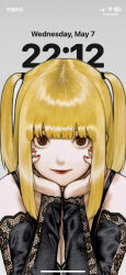 1girl absurdres amane_misa bare_shoulders black_shirt black_sleeves blunt_bangs breasts brown_eyes cleavage death_note detached_sleeves fake_phone_screenshot fake_screenshot grey_background hair_tie half_updo hands_on_own_cheeks hands_on_own_face highres light_smile looking_at_viewer medium_breasts medium_hair nail_polish nizuma red_lips red_nails red_pupils shinigami_eyes_(death_note) shirt sidelocks solo spaghetti_strap twintails upper_body
