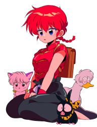 1girl backpack bag bird black_pants black_shoes braid cat commentary duck full_body mousse_(duck)_(ranma_1/2) p-chan pants parted_lips piglet purple_eyes ranma-chan ranma_1/2 red_hair red_shirt sanamaru_(sana79261827) shampoo_(cat) shirt shoes short_hair short_sleeves simple_background single_braid sitting white_background