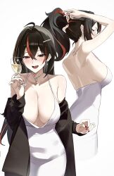 1girl alternate_hairstyle arms_up backless_dress backless_outfit bare_back black_coat black_hair blush breasts champagne_flute coat commentary cup dress drinking_glass drunk hair_between_eyes highres holding holding_cup jewelry large_breasts long_hair multicolored_hair multiple_views naig_(naiji) nail_polish necklace off_shoulder open_mouth pearl_necklace red_eyes red_hair red_nails simple_background spaghetti_strap streaked_hair tying_hair white_background white_dress zenless_zone_zero zhu_yuan