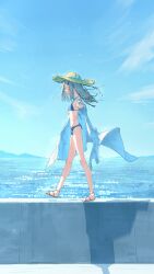 1girl ^_^ absurdres bare_legs bikini black_bikini blush bow closed_eyes dnamaguro full_body gakuen_idolmaster hat hat_bow highres idolmaster long_hair outdoors robe sandals shinosawa_hiro smile solo straight_hair straw_hat swimsuit walking white_bow white_robe
