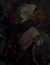 Rule 34 | 1boy, absurdres, blood, blood on face, bubble, ggtnnk, gradient hair, half-closed eyes, highres, honkai: star rail, honkai (series), injury, male focus, medium hair, multicolored hair, mydei (honkai: star rail), orange hair, profile, red tattoo, restrained, solo, tentacles, underwater, upper body, yellow blood, yellow eyes
