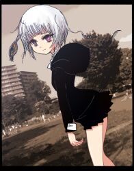 1girl black_hoodie black_skirt commentary_request extra_eyes hood hood_down hoodie keida_riiko looking_at_viewer looking_back original outdoors park photo_background purple_eyes short_hair skirt solo tail white_hair
