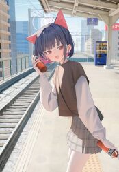 1girl :d animal_ears aya_(lezon) black_hair blue_archive bottle brown_sweater cat_ears cat_girl colored_inner_hair commentary_request cowboy_shot day earclip grey_skirt halo hand_up highres holding holding_bottle kazusa_(blue_archive) long_sleeves looking_at_viewer miniskirt multicolored_hair open_mouth outdoors pink_hair pink_halo plaid_clothes plaid_skirt pleated_skirt red_eyes shirt short_hair short_sleeves skirt smile solo sweater train_station train_station_platform vending_machine white_shirt