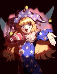 1girl :d absurdres american_flag_dress american_flag_legwear blonde_hair clownpiece commentary cowboy_shot curtains fairy_wings hand_on_own_chest hat highres jester_cap konoha217 long_hair long_sleeves looking_at_viewer neck_ruff open_mouth outstretched_arm pantyhose polka_dot red_eyes smile solo spotlight stage_curtains star_(symbol) star_print striped_clothes teardrop_facial_mark teeth touhou upper_teeth_only wings