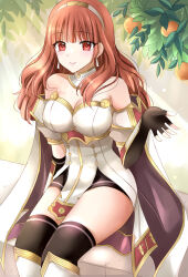 1girl armor armored_boots black_gloves black_skirt black_thighhighs boots breastplate breasts cape celica_(fire_emblem) choker cleavage dress earrings fingerless_gloves fire_emblem fire_emblem_echoes:_shadows_of_valentia food fruit gloves highres jewelry kirishima_riona large_breasts leaf long_hair nintendo orange_(fruit) orange_hair princess red_eyes sitting skirt solo thighhighs thighs tiara tree white_dress