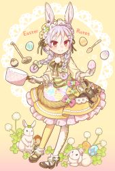 Rule 34 | 1girl, animal ears, asymmetrical legwear, blush, bow, braid, brown shoes, closed mouth, clover, commentary request, easter, egg, flower, four-leaf clover, frilled skirt, frills, full body, green bow, green ribbon, hair bow, highres, holding, holding egg, ladle, long hair, long sleeves, mary janes, mismatched legwear, neck ribbon, original, pantyhose, purple hair, rabbit, rabbit ears, red eyes, ribbon, shirt, shoes, shuu (syuuuuuuuuuu), skirt, smile, solo, spoon, standing, twin braids, white flower, white pantyhose, yellow background, yellow pantyhose, yellow shirt, yellow skirt