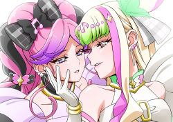 2girls absurdres bare_shoulders blonde_hair blunt_bangs blush braid center-flap_bangs cure_kiss cure_zukyuun dress earrings eyelashes fortissimo frilled_dress frilled_sleeves frills genmai_ocha gingham_bow gloves gradient_hair hair_extensions hair_ornament hair_ribbon hair_wings hands_on_another&#039;s_cheeks hands_on_another&#039;s_face highres imminent_kiss jewelry kimi_to_idol_precure looking_at_another looking_up multicolored_hair multiple_earrings multiple_girls musical_note musical_note_hair_ornament open_mouth parted_bangs pink_hair precure purple_eyes red_eyes ribbon twin_braids twintails upper_body white_gloves wing_hair_ornament wrist_cuffs yuri
