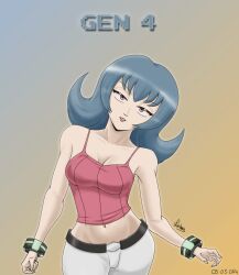1girl absurdres bare_arms bare_shoulders belt belt_buckle blue_hair breasts buckle camisole cleavage creatures_(company) crop_top game_freak head_tilt highres long_hair looking_at_viewer midriff nartance nintendo pants pink_camisole pink_eyes pink_shirt pokemon pokemon_hgss sabrina_(pokemon) shirt sleeveless smile solo white_pants wide_hips
