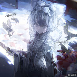 1girl absurdres bird blood blood_on_clothes blood_on_face blood_on_hands bow braid braided_hair_rings character_request copyright_request crow dress greyscale hair_between_eyes hair_bow hair_rings highres holding holding_knife knife long_hair looking_at_viewer monochrome open_mouth pool_of_blood sidelocks solo white_bow white_dress white_eyes zadun