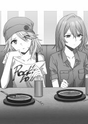 Rule 34 | 2girls, absurdres, bare arms, bare shoulders, beanie, breast pocket, character request, closed mouth, collared shirt, commentary request, eyes visible through hair, food, frown, greyscale, hair between eyes, hand up, hat, head tilt, highres, indoors, kohinata iroha (imouuzai), medium hair, monochrome, multiple girls, novel illustration, off-shoulder shirt, off shoulder, official art, parted lips, pocket, second-party source, shirt, short sleeves, sitting, spoon, tomari (veryberry00), tomodachi no imouto ga ore ni dake uzai, wing collar