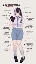 1girl alternate_costume arrow_(symbol) black_choker black_hair black_shoes blue_necktie blue_skirt book choker closed_mouth collared_shirt commentary english_commentary english_text full_body grey_background grey_hair highres holding holding_book hololive hololive_english indonesian_high_school_uniform karu_(karusenpai) kneehighs loafers looking_at_viewer multicolored_hair necktie school_uniform shiori_novella shirt shoes simple_background skirt smile socks solo split-color_hair standing two-tone_hair virtual_youtuber white_shirt yellow_eyes