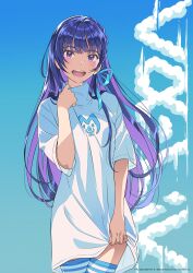 1girl absurdres blue_thighhighs colored_inner_hair highres idolmaster idolmaster_va-liv kamizuru_cosmo long_hair multicolored_hair no_pants official_art shirt smile thighhighs white_shirt