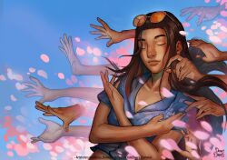 1girl artist_name black_hair blue_sky closed_eyes closed_mouth commentary crossed_arms deoxy_diamond devil_fruit_power disembodied_hand english_commentary extra_arms eyewear_on_head hana_hana_no_mi highres long_hair nico_robin one_piece orange-tinted_eyewear pink_petals short_sleeves sky solo tinted_eyewear upper_body
