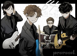 Rule 34 | 4boys, :|, bass guitar, black-framed eyewear, black eyes, black hair, black jacket, black necktie, black shirt, black suit, brown eyes, brown hair, closed mouth, collared shirt, commentary request, curtained hair, drum, drum set, electric guitar, eyebrow cut, fender jazz bass, fender telecaster, formal clothes, futsuu no keion-bu, gibson les paul, glasses, group name, guitar, guitar strap, highres, holding, holding guitar, holding instrument, instrument, jacket, kuma vs inu, lapels, long sleeves, looking at viewer, male focus, mizuo haruichi, multiple boys, necktie, notched lapels, official alternate costume, official alternate hairstyle, parted bangs, protocol. (futsuu no keion-bu), shirt, short hair, smile, suit, suit jacket, taguchi ryuuya, takami kouki, tohno gen, translation request, tsurime, upper body