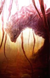 Rule 34 | colored sclera, dragon, highres, horns, itotani sairen, looking at viewer, monster, monster focus, monster hunter: world, monster hunter (series), monster hunter world: iceborne, no humans, red eyes, shara ishvalda, sharp teeth, sideways glance, signature, solo, teeth, tentacles, tusks, wings, yellow sclera