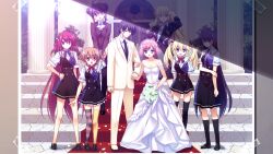 1boy 6+girls :d ascot asymmetrical_legwear black_dress black_hair black_jacket black_necktie black_pantyhose black_shoes black_skirt black_socks black_suit black_thighhighs blonde_hair blue_bow blue_bowtie blue_dress blue_eyes bouquet bow bowtie breasts bride brown_hair brown_jacket brown_suit buttons closed_mouth collarbone double-breasted double_bun dress everyone flower formal_clothes fumio_(ura_fmo) game_cg grisaia_(series) grisaia_no_meikyuu groom hair_bow hair_bun hair_ribbon hand_on_own_hip harudera_yuria holding holding_another&#039;s_arm holding_bouquet holding_own_arm horizontal-striped_thighhighs irisu_makina jacket jewelry kazami_yuuji kneehighs komine_sachi large_breasts loafers long_dress long_hair long_sleeves looking_at_viewer matsushima_michiru medium_breasts mismatched_legwear multiple_girls necklace necktie non-web_source open_mouth outdoors pants pantyhose pencil_skirt petals photo_(object) pillar pink_hair plaid_bow plaid_bowtie plaid_clothes purple_eyes purple_thighhighs red_bow red_bowtie red_carpet red_eyes red_hair ribbon sakaki_yumiko shirt shoes short_hair skirt sleeveless sleeveless_dress small_breasts smile socks stairs standing strapless strapless_dress striped_clothes striped_thighhighs suit suit_jacket suou_amane tachibana_chizuru_(grisaia) tape thighhighs twintails two-tone_dress very_long_hair waving wavy_hair wedding white_ascot white_bow white_dress white_shirt yellow_jacket yellow_pants yellow_shoes yellow_suit yellow_thighhighs
