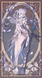 Rule 34 | 1girl, absurdres, barefoot, black gloves, blue eyes, braid, braided bangs, dress, english text, engrish text, eyepatch, flower, full body, gloves, grey hair, hair over one eye, highres, holding, holding staff, holding weapon, lao muyu, long hair, looking at viewer, original, ranguage, see-through clothes, see-through veil, solo, staff, standing, veil, weapon, white dress, white flower, white hair