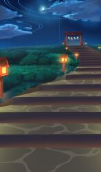 Rule 34 | absurdres, blue archive, chinese commentary, cloud, commentary request, crescent moon, grass, highres, lantern, lcz, moon, new year, night, night sky, no humans, outdoors, scenery, sky, stairs, torii