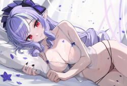Rule 34 | 1girl, absurdres, ahoge, black nails, bow, breasts, cleavage, commentary, drill hair, drill sidelocks, grin, hair bow, head on pillow, highres, kkato, large breasts, long hair, looking at viewer, lying, mole, mole under eye, multi-strapped panties, multicolored hair, navel, on bed, on side, panties, pillow, pointy ears, purple hair, red eyes, sidelocks, smile, solo, stomach, streaked hair, swept bangs, underwear, underwear only, very long hair, vivian banshee, white hair, zenless zone zero