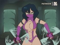 1980s_(style) 1girl animated animated_gif armlet black_hair bluethebone bouncing_breasts breasts breasts_apart center_opening cleavage commentary dual_wielding english_text eyelashes fangs female_focus fingerless_gloves flashing gloves half_mask holding jewelry large_breasts leaning_forward leotard lips looking_at_viewer mask mileena_(mortal_kombat) monster_girl mortal_kombat_(series) mortal_kombat_9 motion_blur mouth_mask navel ninja_mask nipples oldschool purple_gloves purple_leotard retro_artstyle sai_(weapon) sharp_teeth short_hair smile solo spinning spinning_weapon stomach teeth tongue tongue_out undressing weapon yellow_eyes
