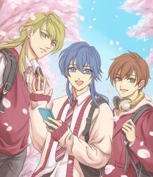 3boys :d alternate_costume ares_(fire_emblem) bag bishounen blonde_hair blue_eyes blue_hair blue_sky brown_eyes brown_hair brown_pants cardigan cherry_blossoms collared_shirt contemporary cowboy_shot falling_petals fire_emblem fire_emblem:_genealogy_of_the_holy_war from_below hair_between_eyes headphones headphones_around_neck highres holding holding_phone holding_strap hood hood_down hoodie jacket jacket_over_hoodie leif_(fire_emblem) long_hair long_sleeves looking_at_viewer low_ponytail male_focus multiple_boys necktie nintendo open_mouth pants partially_unbuttoned petals phone pink_petals ponytail red_jacket red_necktie red_sweater_vest school_uniform seliph_(fire_emblem) shirt short_hair shoulder_bag sidelocks sky sleeves_past_wrists smile striped_necktie sweater_vest twitter_username ursla99 waving white_shirt wing_collar wolf_cut yellow_cardigan yellow_eyes yellow_hoodie