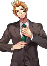 1boy adjusting_clothes alternate_costume belt black_belt black_jacket black_suit blonde_hair collared_shirt commentary facial_tattoo final_fantasy final_fantasy_viii formal_clothes furrowed_brow green_necktie head_tilt jacket male_focus necktie shirt short_hair simple_background solo spiked_hair suit suit_jacket sweatdrop tama_(tmfy5) tattoo tribal_tattoo upper_body white_background white_shirt zell_dincht