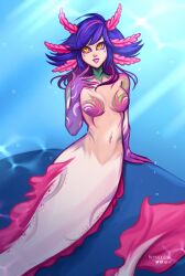 Rule 34 | 1girl, absurdres, alternate species, artist name, blue hair, breasts, collarbone, colored skin, feather hair ornament, feathers, flipped hair, hair ornament, hand up, highres, kenapplepi, large breasts, league of legends, long hair, mermaid, monster girl, multicolored hair, multicolored skin, navel, neeko (league of legends), pink hair, pink skin, smile, solo, teeth, two-tone hair, yellow eyes