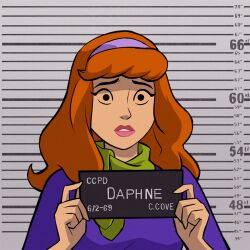 1girl barbie_(franchise) barbie_(live_action) barbie_mugshot_(meme) beth_turnsek card character_name daphne_blake english_text hairband height_chart height_mark holding holding_card holding_sign looking_at_viewer meme mugshot orange_hair prisoner purple_hairband scooby-doo sign solo teeth upper_body worried