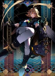 1girl ahoge ammunition aqua_shirt bandolier belt black_background black_boots black_gloves black_jacket blonde_hair blue_background boots brown_belt doki_amber_doge_(dokibird) dokibird_(vtuber) dokibird_(vtuber)_(bounty_hunter) dual_wielding eyewear_hang feather_hair feet_out_of_frame glint gloves gun hair_between_eyes hair_ornament handgun holding holding_gun holding_weapon holster indie_virtual_youtuber jacket lukyyuki magic one_eye_closed open_clothes open_jacket pants pants_tucked_in red_eyes revolver rifle_cartridge shirt short_hair smile solo sunglasses tinted_eyewear unworn_eyewear virtual_youtuber weapon white_pants x_hair_ornament yellow-tinted_eyewear
