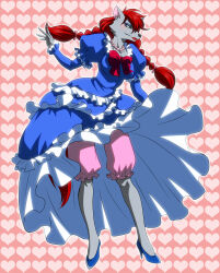 1boy bloomers blue_dress blue_eyes body_fur clothes_lift commentary_request crossdressing dress full_body furry furry_male grey_fur heart heart_background high_heels highres long_hair looking_at_viewer male_focus original pink_background precure red_hair red_lips skirt skirt_lift smile_precure! solo standing tail trap underwear wauwa wolf_boy wolfrun