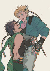 2boys :d absurdres aqua_jacket battle_tendency black_gloves blonde_hair brown_hair caesar_anthonio_zeppeli chromatic_aberration closed_eyes crop_top cropped_jacket facial_mark feather_hair_ornament feathers film_grain fingerless_gloves gloves green_eyes green_pants grey_pants grey_shirt hair_ornament hand_on_another&#039;s_waist headband highres jacket jojo_no_kimyou_na_bouken joseph_joestar looking_at_another male_focus multicolored_scarf multiple_boys open_mouth pants pink_scarf scarf shirt short_hair smile striped_clothes striped_scarf surprised sweatdrop t_0nd white_background yaoi