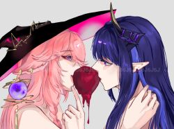 2girls alternate_costume animal_ear_piercing animal_ears apple bare_shoulders blunt_bangs chinese_commentary couple ear_piercing eyeliner food food_in_mouth from_side fruit genshin_impact grey_background hair_between_eyes hair_down hair_ornament hand_on_another&#039;s_chin hand_on_another&#039;s_neck hand_up hands_up hat head_tilt index_finger_raised long_hair looking_at_another makeup multicolored_hair multiple_girls piercing pink_hair pointy_ears purple_eyes purple_hair raiden_shogun red_eyeliner shade simple_background single_sidelock streaked_hair upper_body watermark witch_hat yae_miko yuri zhongtaiyang449